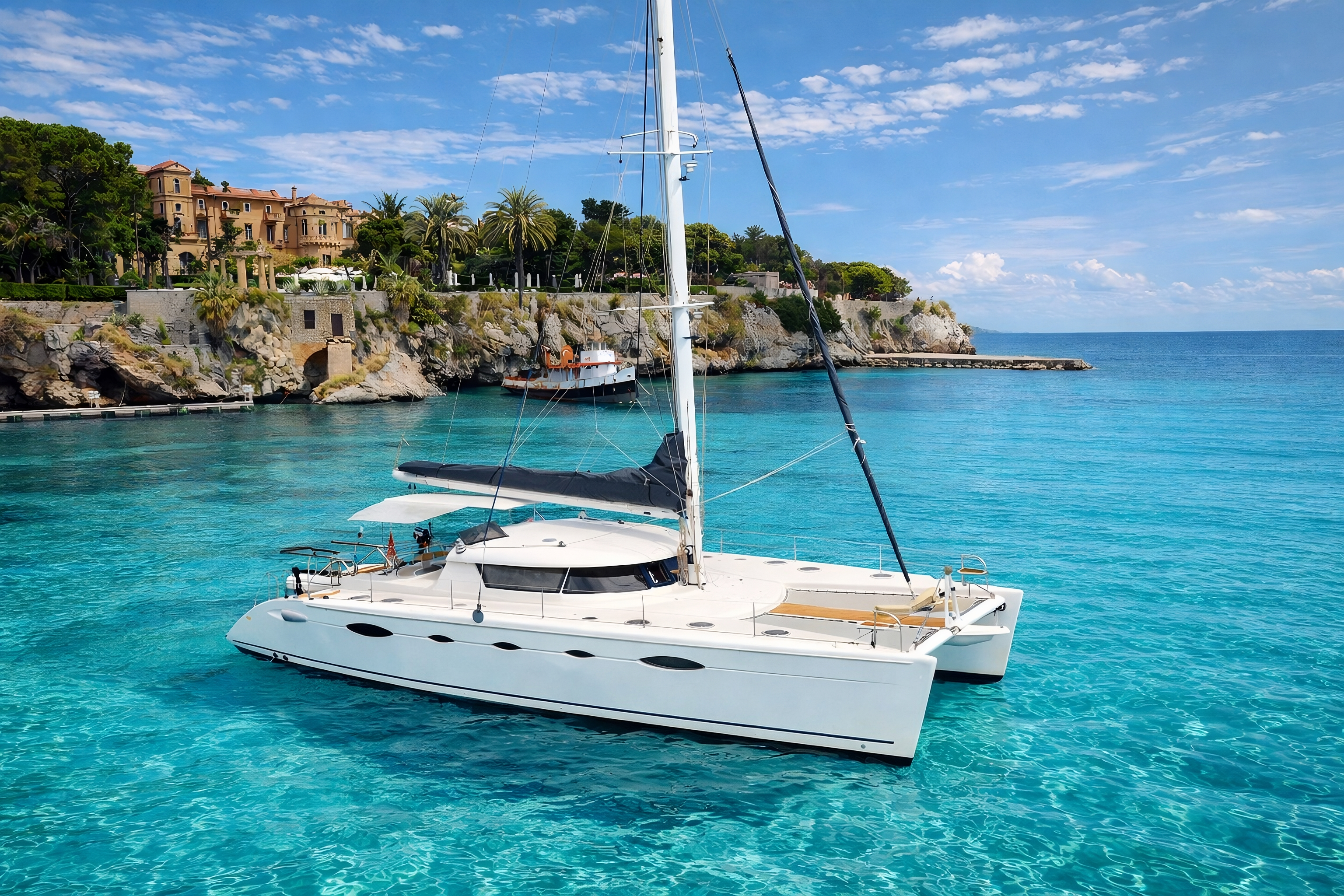Catamarano di lusso in navigazione lungo la costa